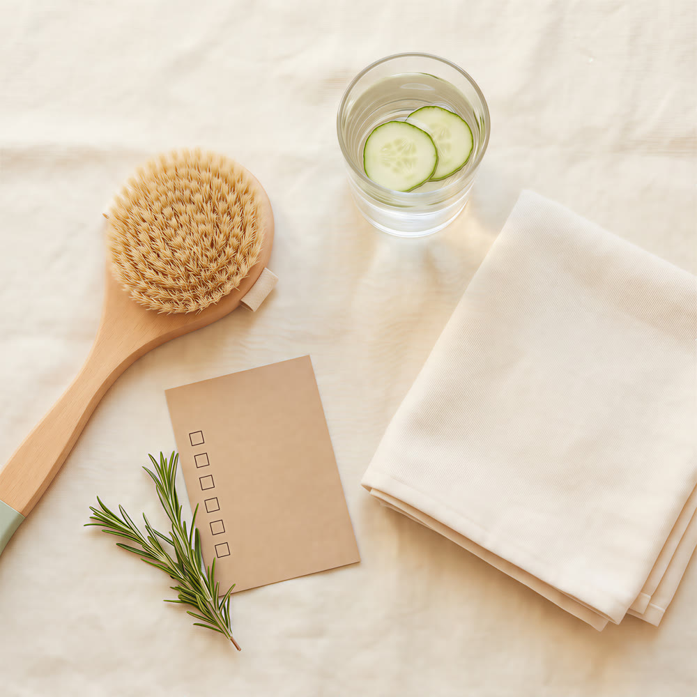Dry brush, water with cucumber, towel and a checklist card