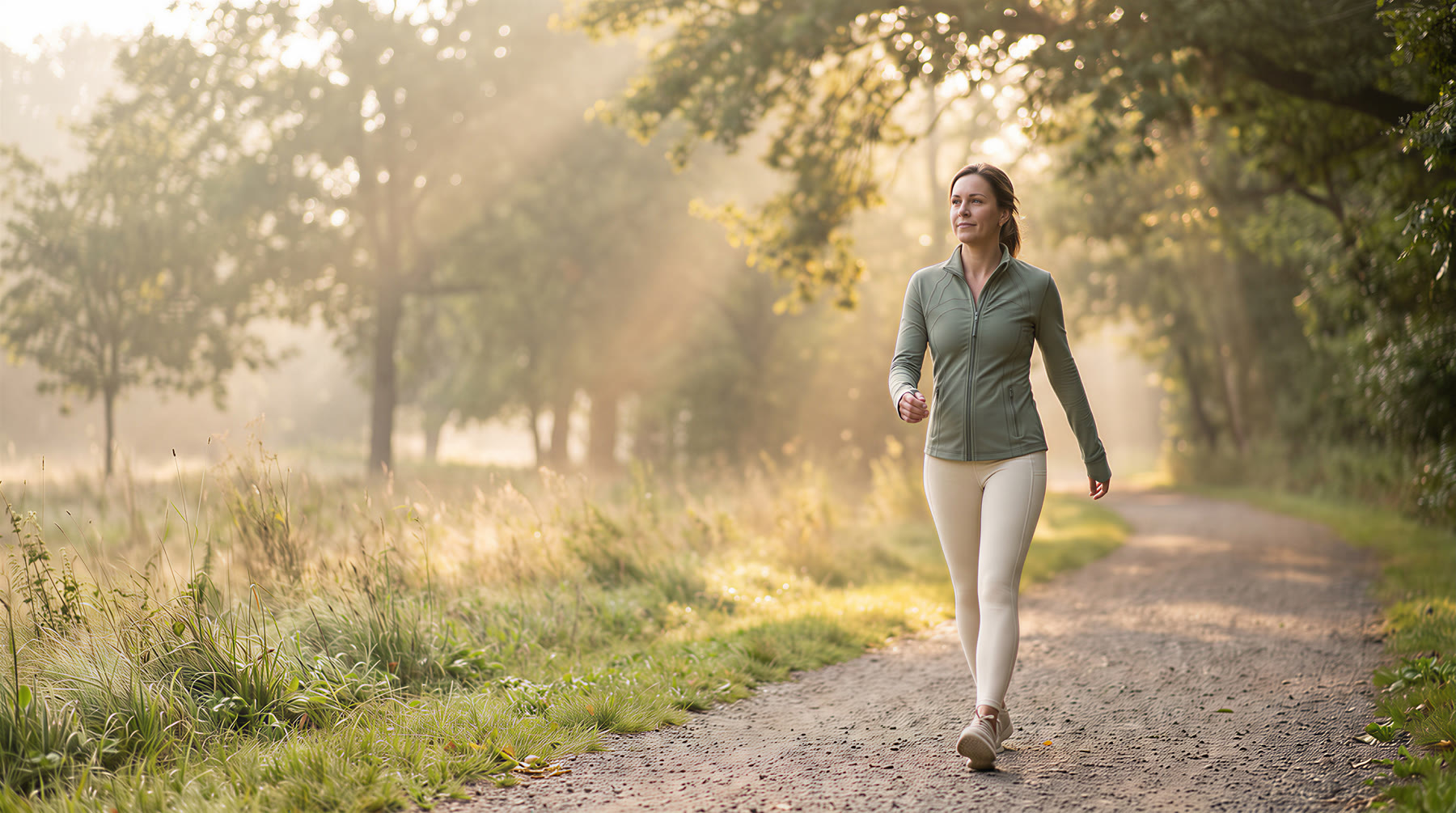 Woman walking briskly along a park path in morning light